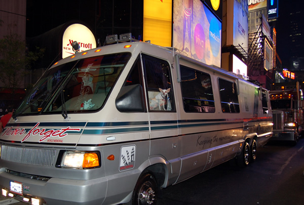 Mitch Mendler drives the WORLD MEMORIAL Mobile Command Center by Times Square