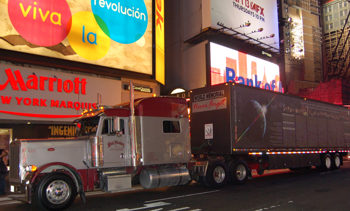Mitch Mendler drives the WORLD MEMORIAL Mobile Command Center by Times Square