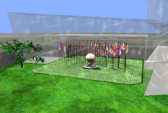 WTC "Steel Voices Calling" - The Sphere and 95 International Flags rest on the WTC #1 North Footprint, under the "Libeskind Bridge" of the New WTC Building